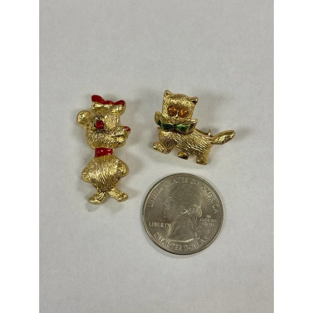 Vintage Hong Kong Cat Bear Brooch Pin Lot Gold Tone Rhinestone Enamel